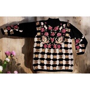Vintage Knitted by Hand REVE Womens Knitted Sweater Pullover with Flowers Sz M